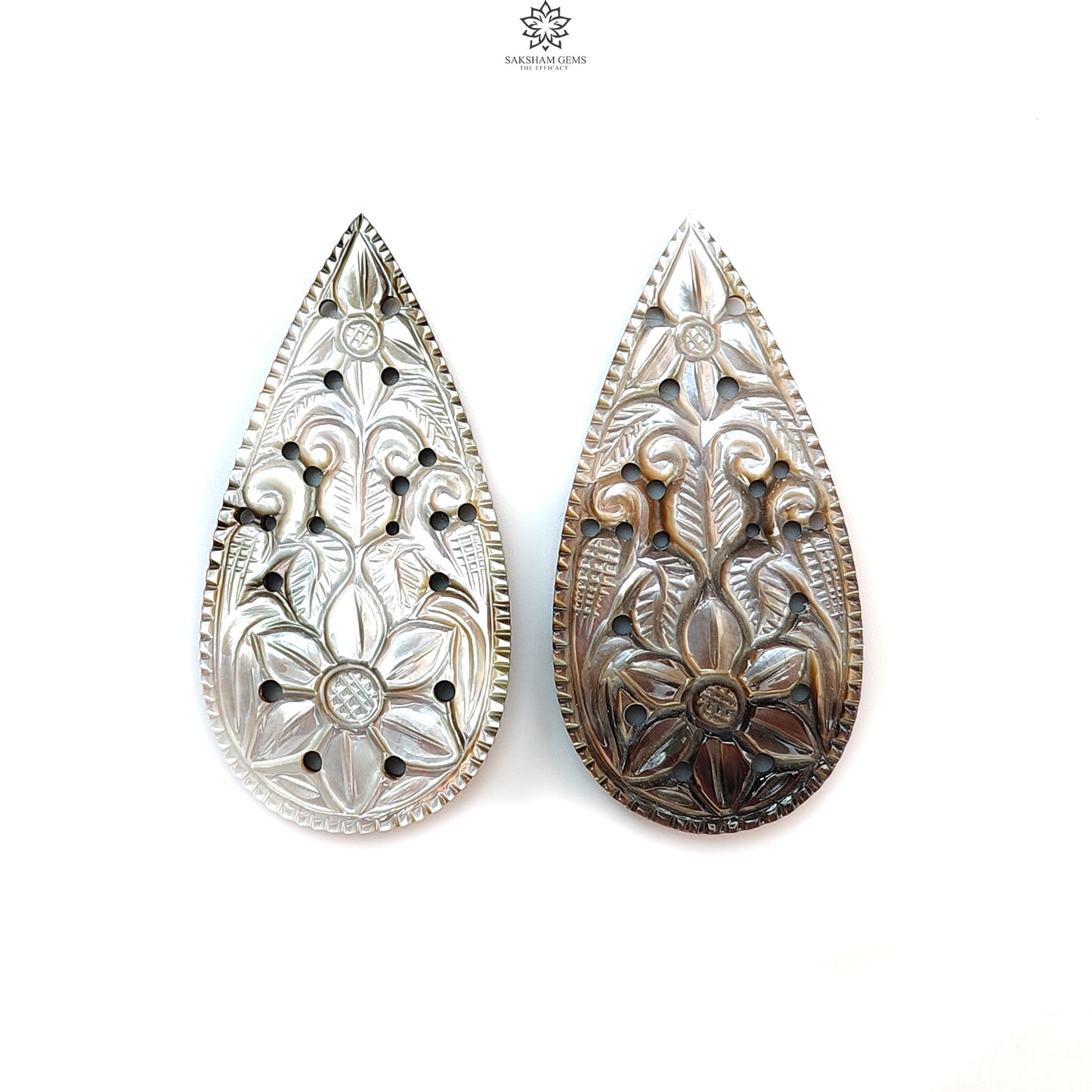 Mother of Pearl Gemstone Carving: Natural Untreated Black/White Mop Hand Carved Pear Shape Pair for Jewelry June Birthstone