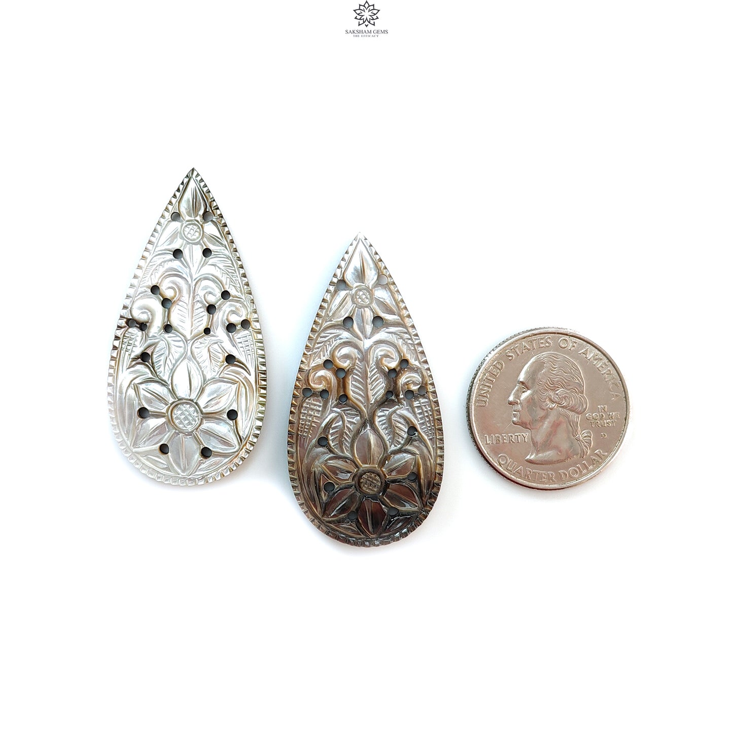 Mother of Pearl Gemstone Carving: Natural Untreated Black/White Mop Hand Carved Pear Shape Pair for Jewelry June Birthstone