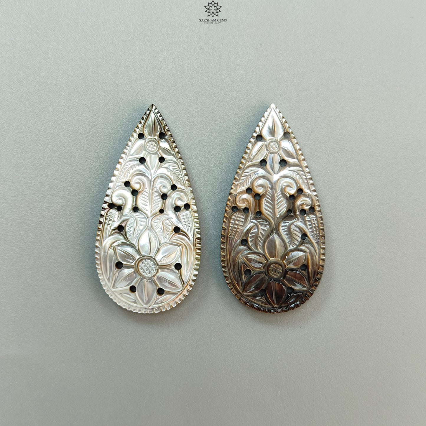 Mother of Pearl Gemstone Carving: Natural Untreated Black/White Mop Hand Carved Pear Shape Pair for Jewelry June Birthstone