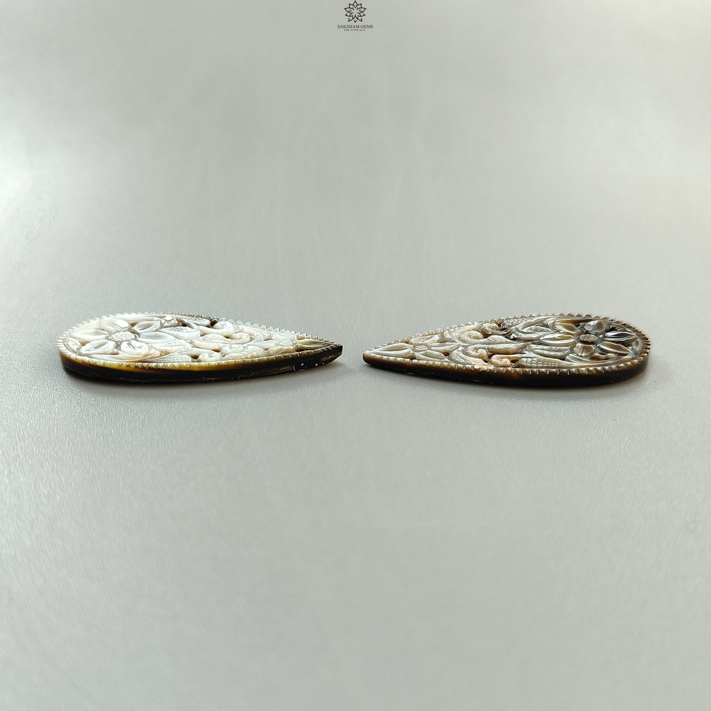 Mother of Pearl Gemstone Carving: Natural Untreated Black/White Mop Hand Carved Pear Shape Pair for Jewelry June Birthstone