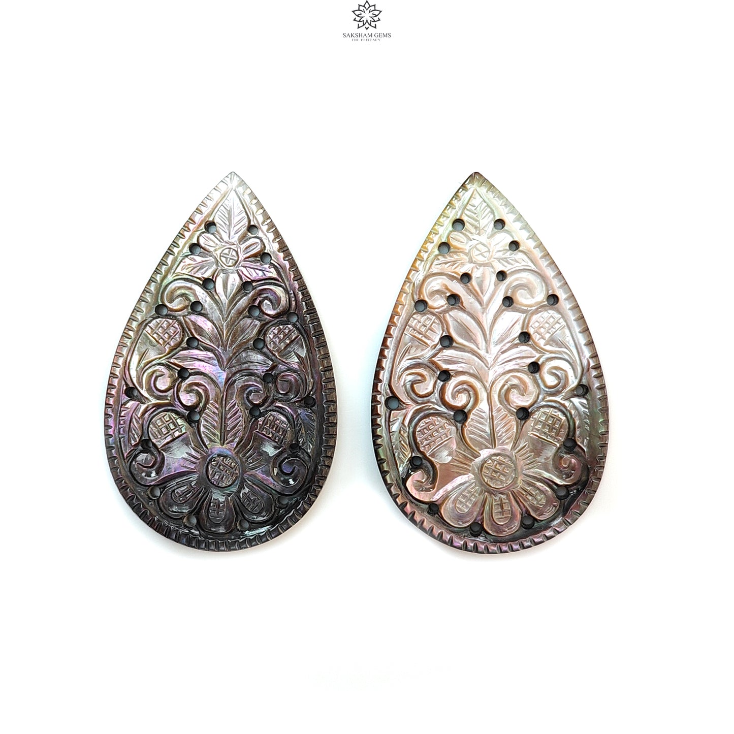 Mother of Pearl Gemstone Carving: Natural Untreated Black/White Mop Hand Carved Pear Shape Pair for Jewelry June Birthstone