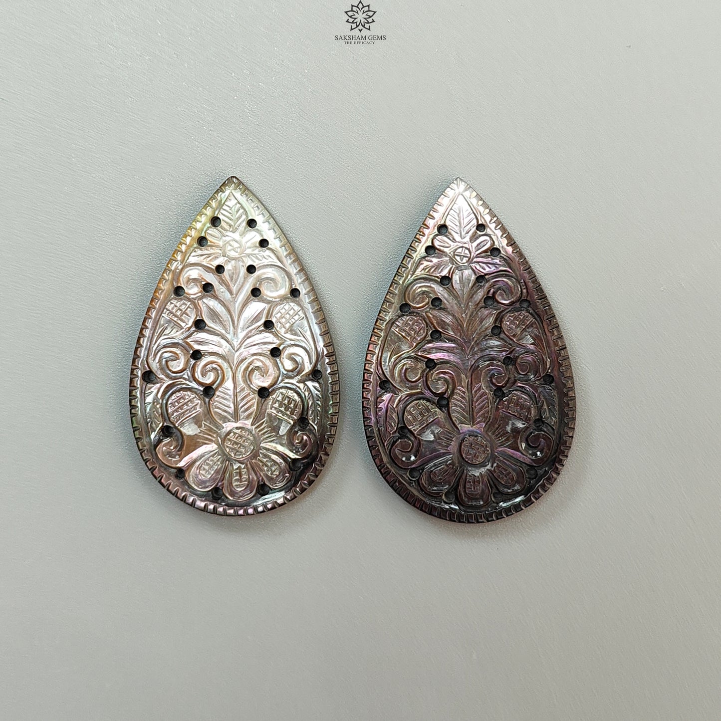Mother of Pearl Gemstone Carving: Natural Untreated Black/White Mop Hand Carved Pear Shape Pair for Jewelry June Birthstone