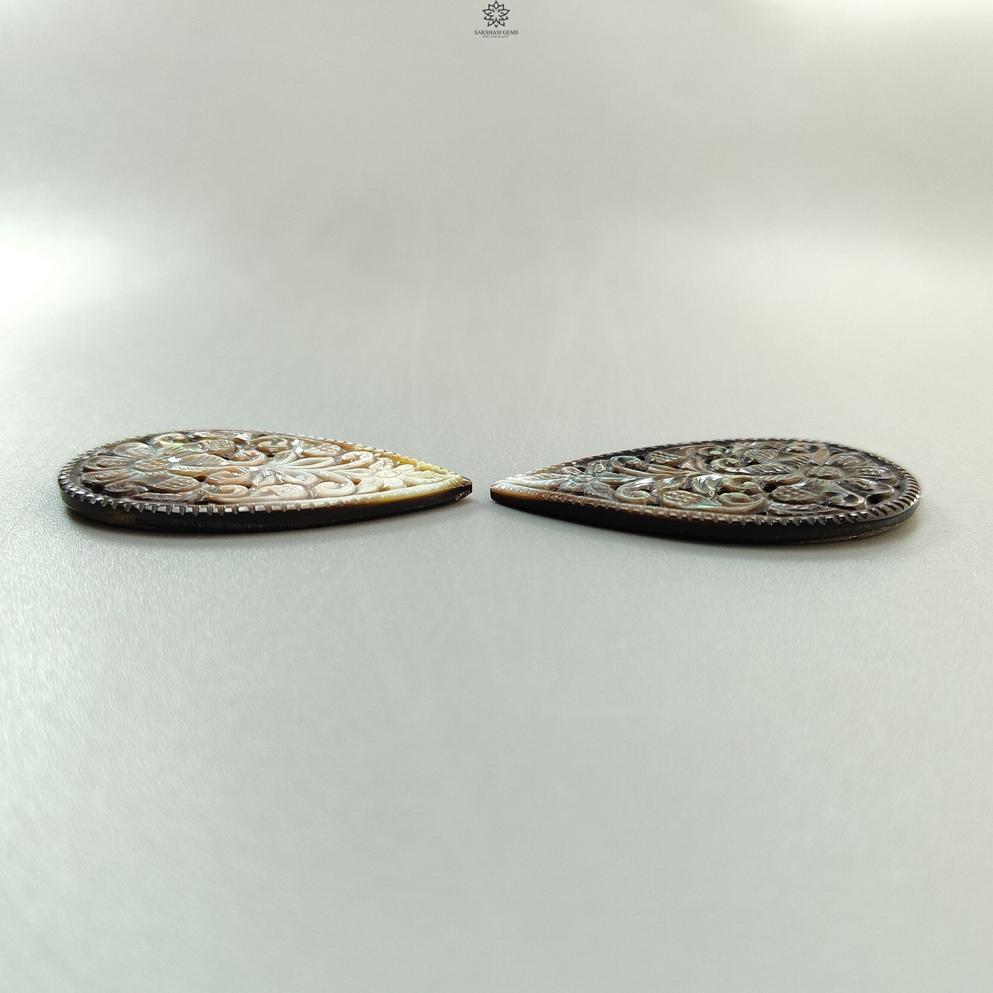 Mother of Pearl Gemstone Carving: Natural Untreated Black/White Mop Hand Carved Pear Shape Pair for Jewelry June Birthstone