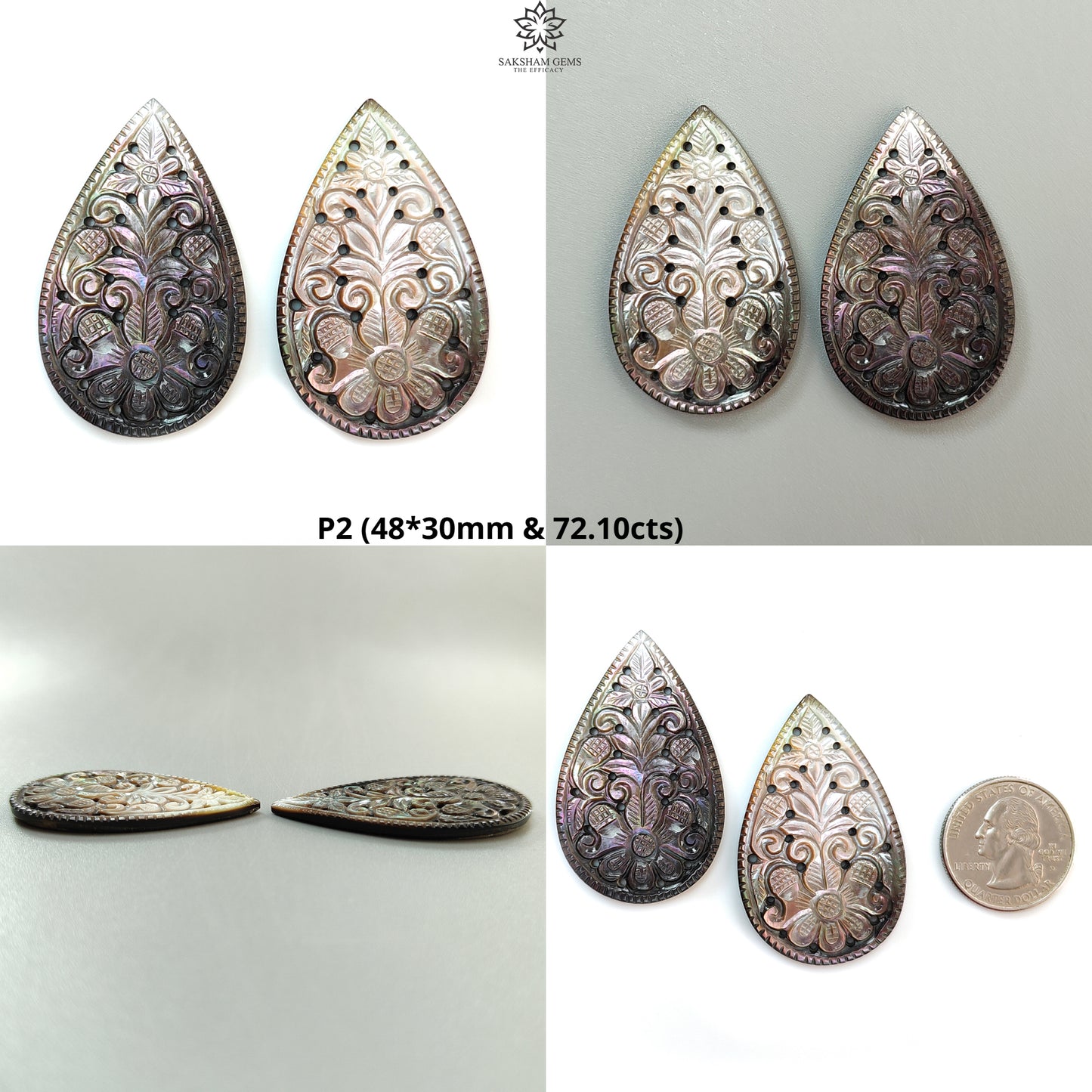 Mother of Pearl Gemstone Carving: Natural Untreated Black/White Mop Hand Carved Pear Shape Pair for Jewelry June Birthstone