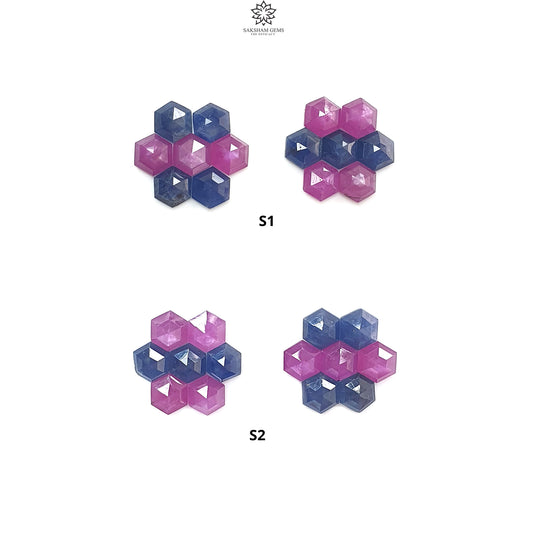 Sapphire Gemstone Step Cut: Natural Untreated Blue & Raspberry Pink Sapphire Hexagon Shape Faceted 14pcs Sets for Jewelry