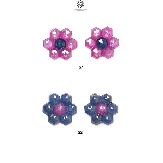 Sapphire Gemstone Step Cut: Natural Untreated Blue & Raspberry Pink Sapphire Hexagon Shape Faceted 14pcs Sets for Jewelry