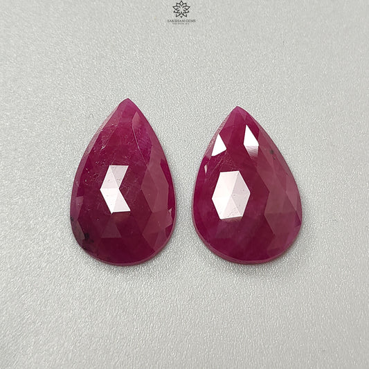 Ruby Gemstone Rose Cut Slices: 25.70cts Natural Untreated Unheated Red Ruby Pear Shape 22*15mm-23*14mm 2pcs Set for Jewelry July Birthstone