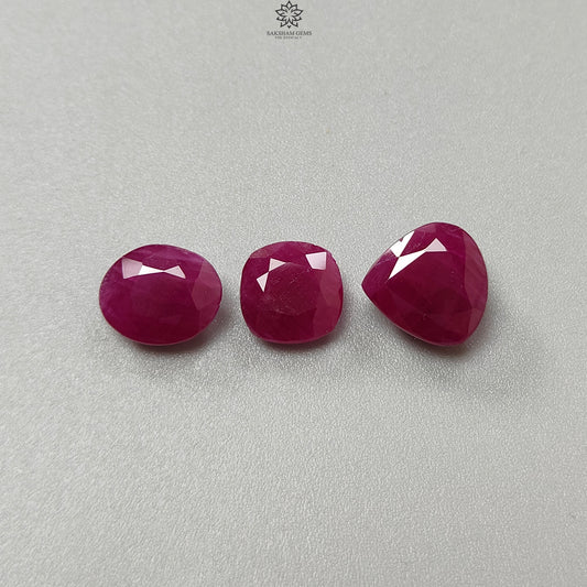 Ruby Gemstone Faceted Cut: 14.60cts Natural Untreated Red Ruby Cushion, Heart & Oval Shape 9mm - 11*9mm 3pcs Set for Jewelry July Birthstone