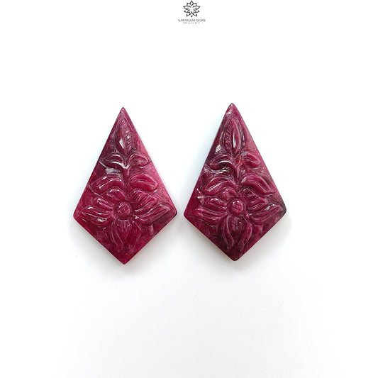 Ruby Gemstone Carving : 56.10cts Natural Untreated Unheated Red Ruby Hand Carved Pear Shape 34*22mm Pair