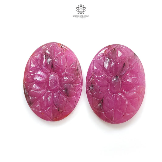 Ruby Gemstone Carving : 64.10cts Natural Untreated Unheated Red Ruby Hand Carved Oval Shape 31.5*24mm Pair