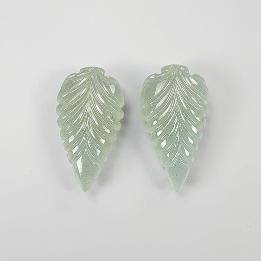 AQUAMARINE Gemstone Carving : 43.45cts Natural Untreated Milky Aqua Pear Shape Hand Carved Leaves Pair 27*14.5mm Pair