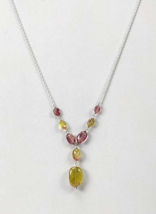 Watermelon Tourmaline Gemstone NECKLACE : 29.25cts Natural Untreated Oval Plain Tourmaline With 925 Sterling Silver 6*5mm - 13*10mm 21"